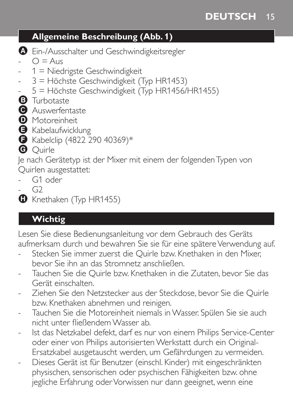 Deutsch, Allgemeine beschreibung (abb. 1), Wichtig | Philips Daily Collection Batteur User Manual | Page 15 / 72