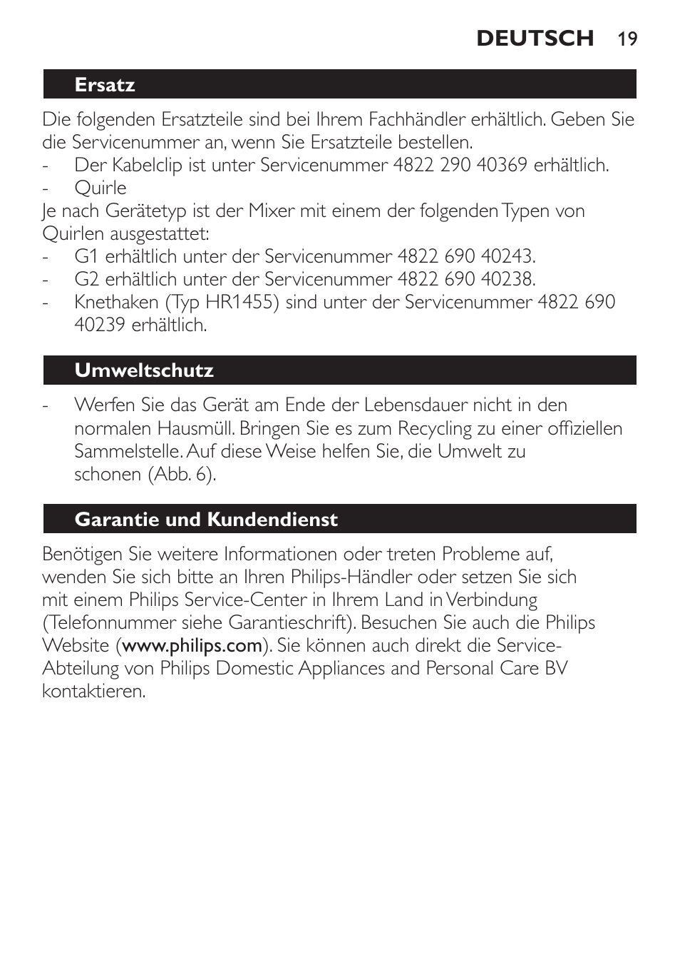 Ersatz, Umweltschutz, Garantie und kundendienst | Philips Daily Collection Batteur User Manual | Page 19 / 72