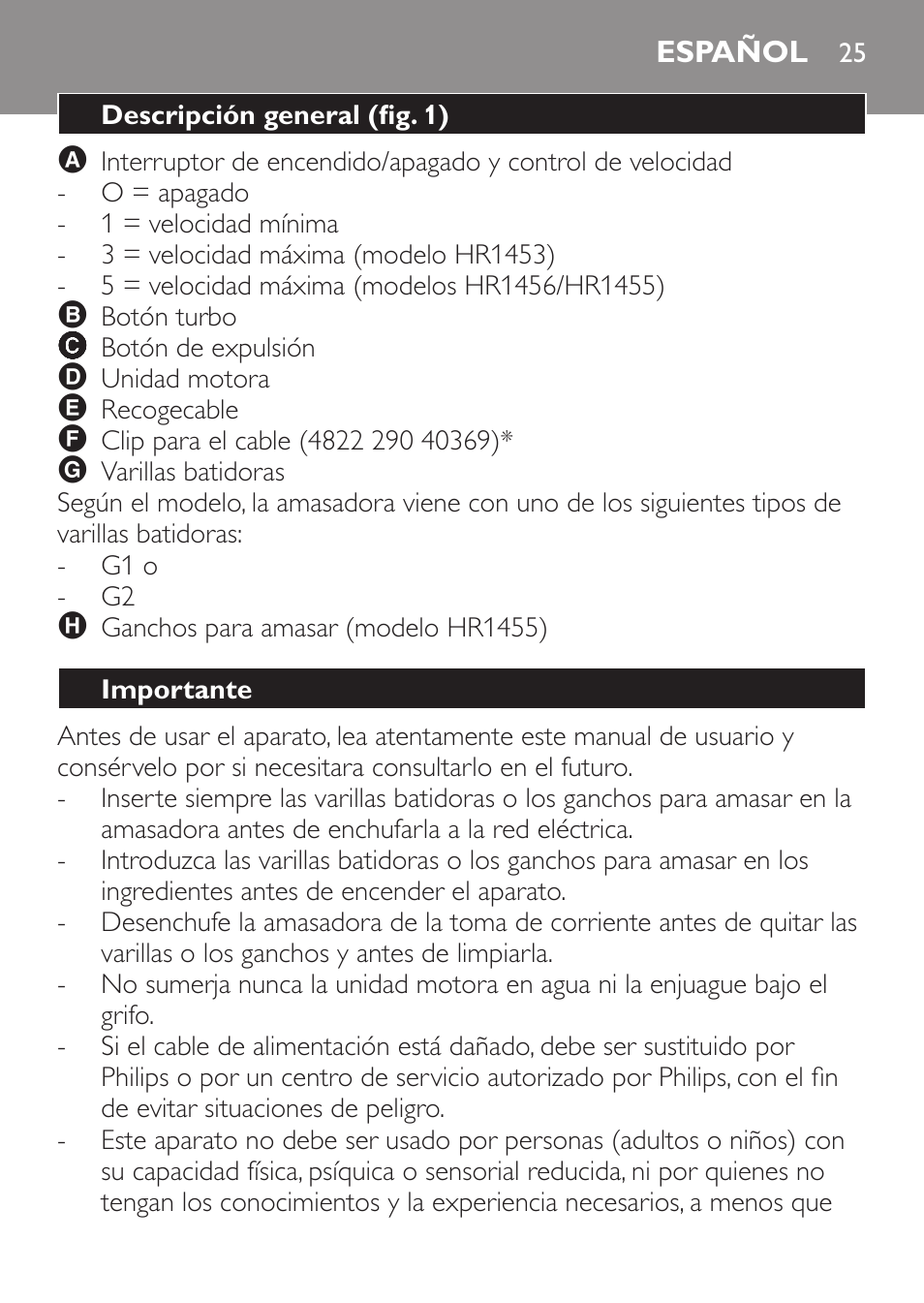 Español, Descripción general (fig. 1), Importante | Philips Daily Collection Batteur User Manual | Page 25 / 72