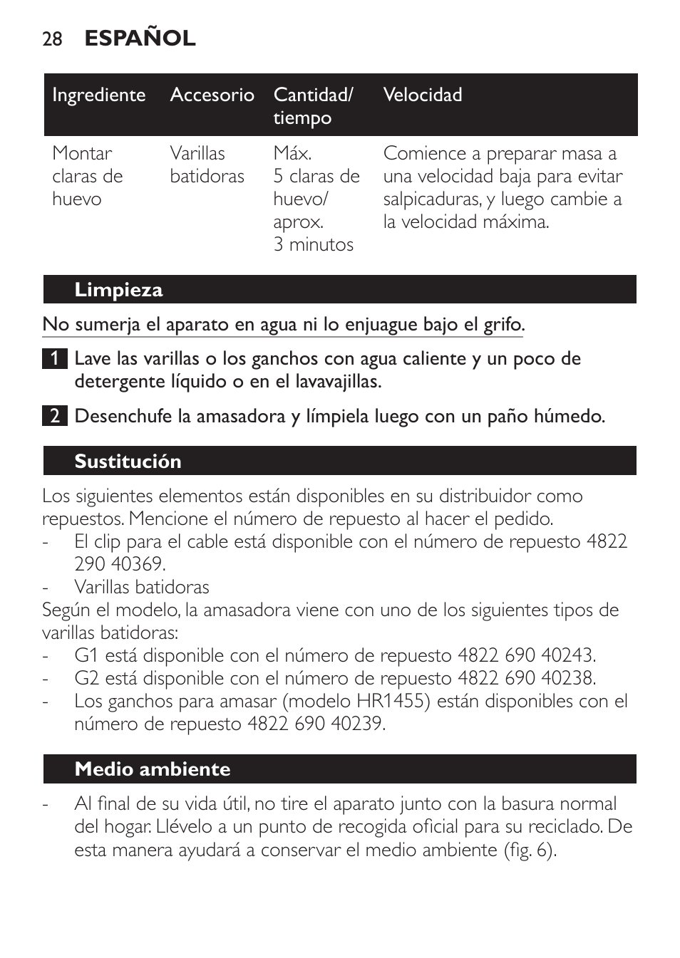 Limpieza, Sustitución, Medio ambiente | Philips Daily Collection Batteur User Manual | Page 28 / 72