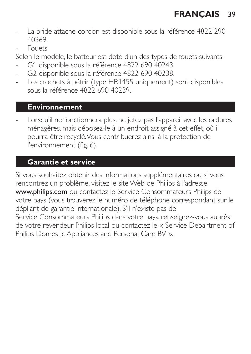 Environnement, Garantie et service | Philips Daily Collection Batteur User Manual | Page 39 / 72
