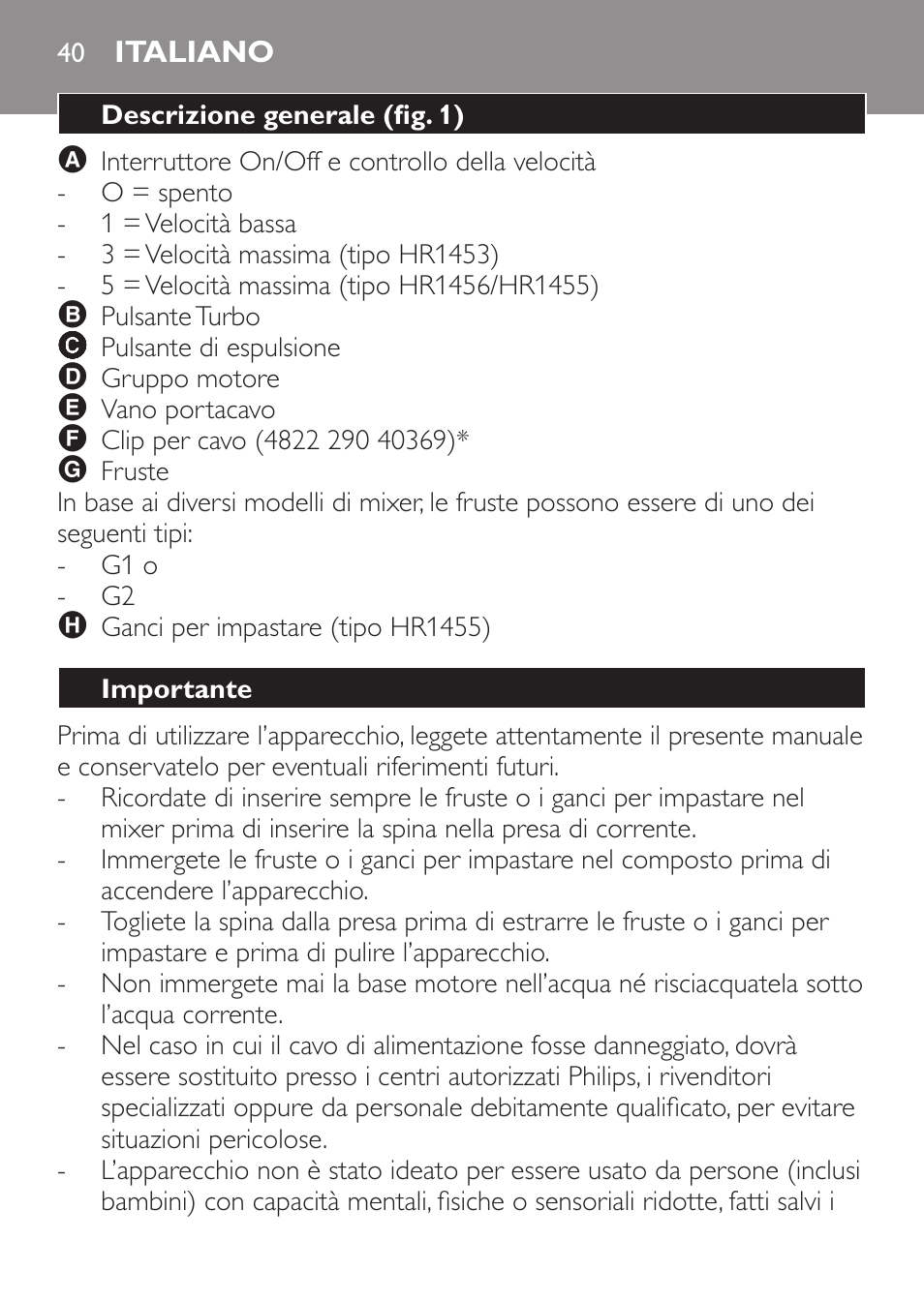 Italiano, Descrizione generale (fig. 1), Importante | Philips Daily Collection Batteur User Manual | Page 40 / 72