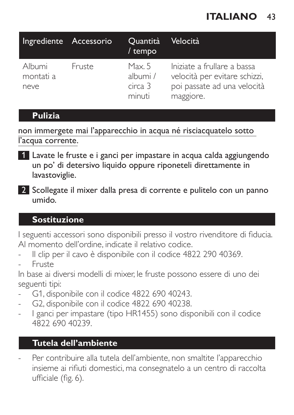 Pulizia, Sostituzione, Tutela dell’ambiente | Philips Daily Collection Batteur User Manual | Page 43 / 72