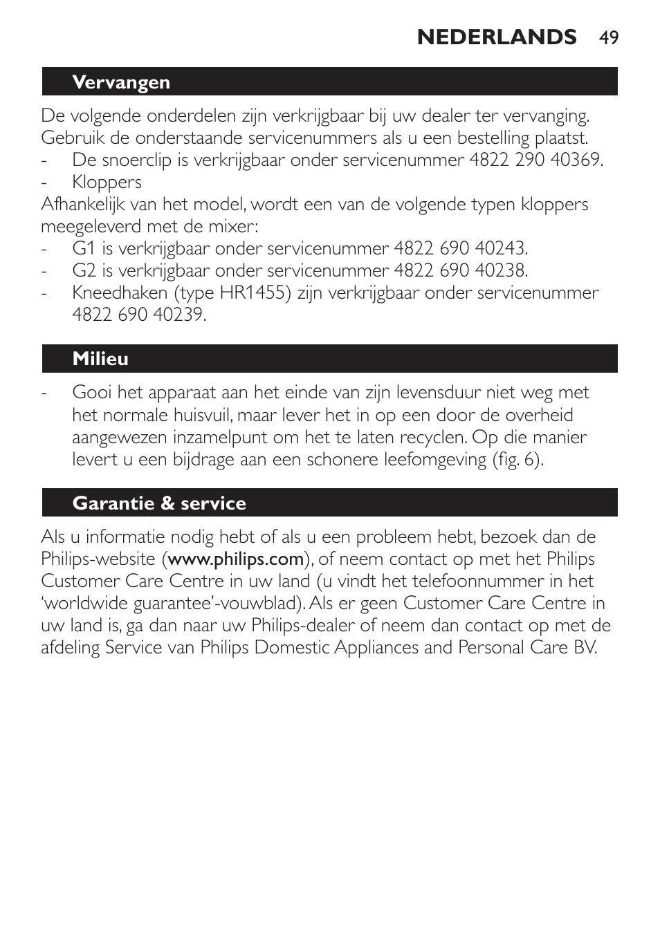 Vervangen, Milieu, Garantie & service | Philips Daily Collection Batteur User Manual | Page 49 / 72