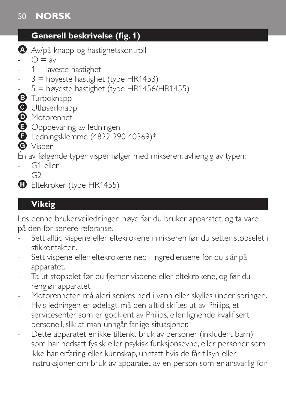 Norsk, Generell beskrivelse (fig. 1), Viktig | Philips Daily Collection Batteur User Manual | Page 50 / 72