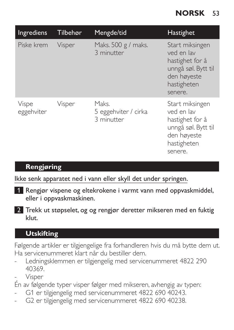 Rengjøring, Utskifting | Philips Daily Collection Batteur User Manual | Page 53 / 72