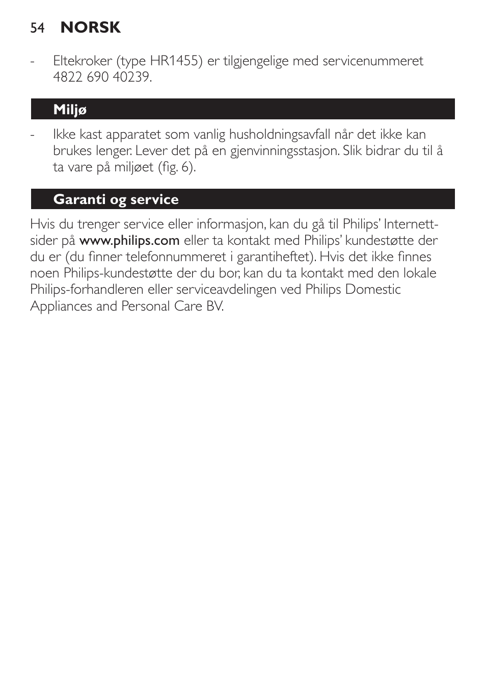 Miljø, Garanti og service | Philips Daily Collection Batteur User Manual | Page 54 / 72