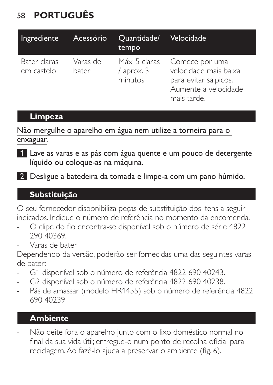 Limpeza, Substituição, Ambiente | Philips Daily Collection Batteur User Manual | Page 58 / 72