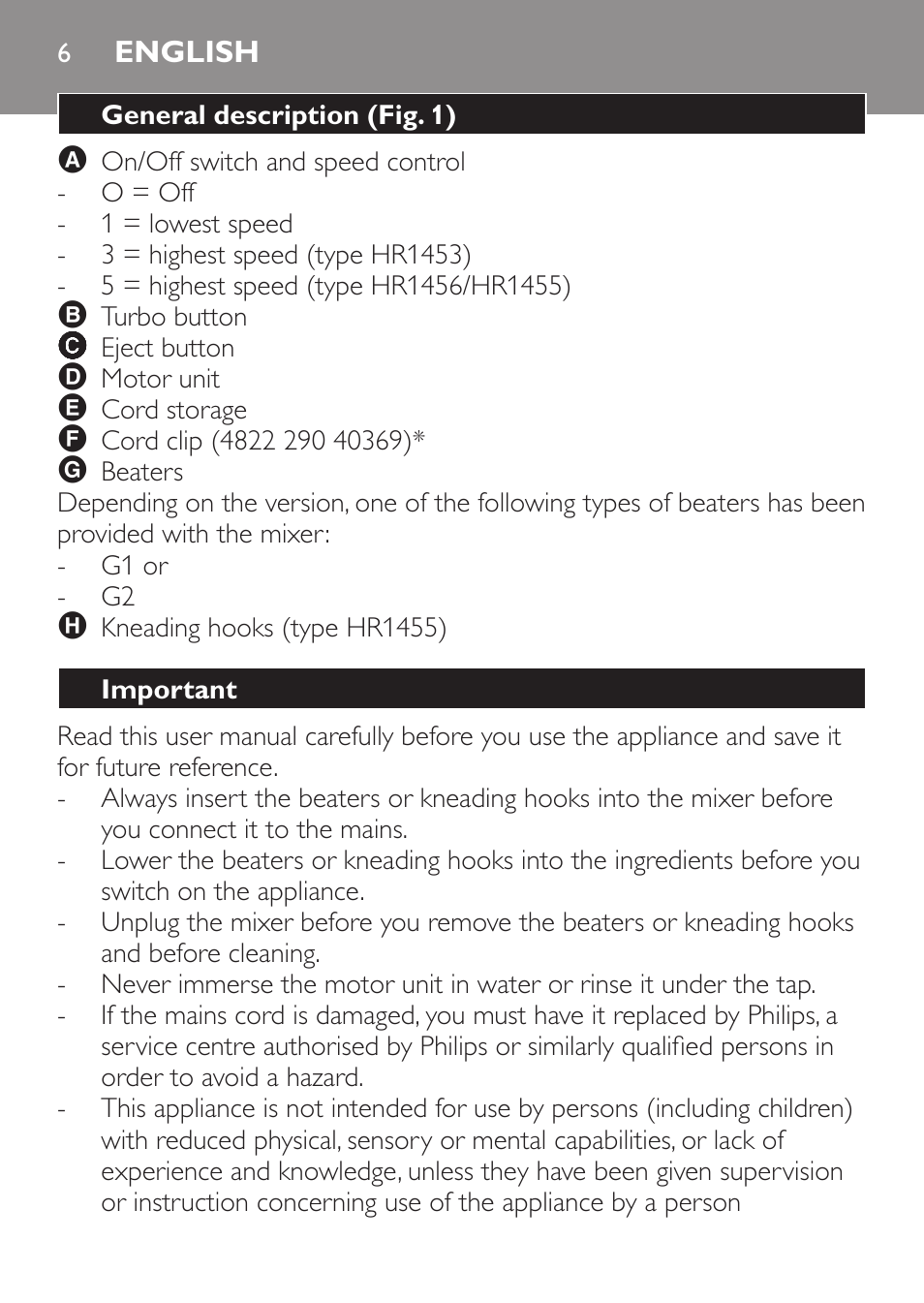 English, General description (fig. 1), Important | Philips Daily Collection Batteur User Manual | Page 6 / 72