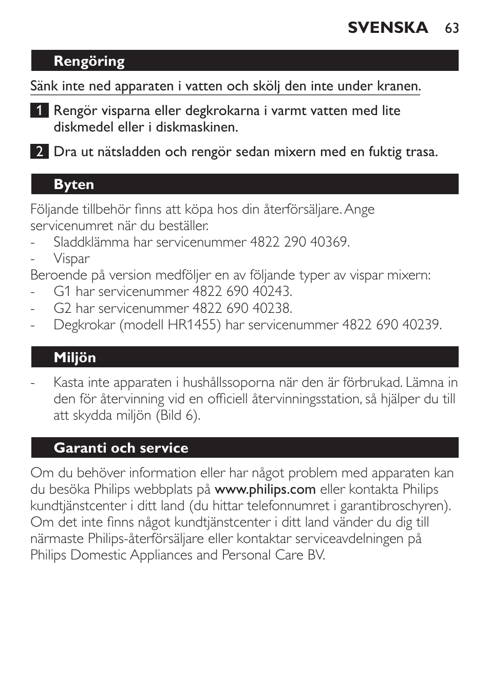 Byten, Miljön, Garanti och service | Philips Daily Collection Batteur User Manual | Page 63 / 72