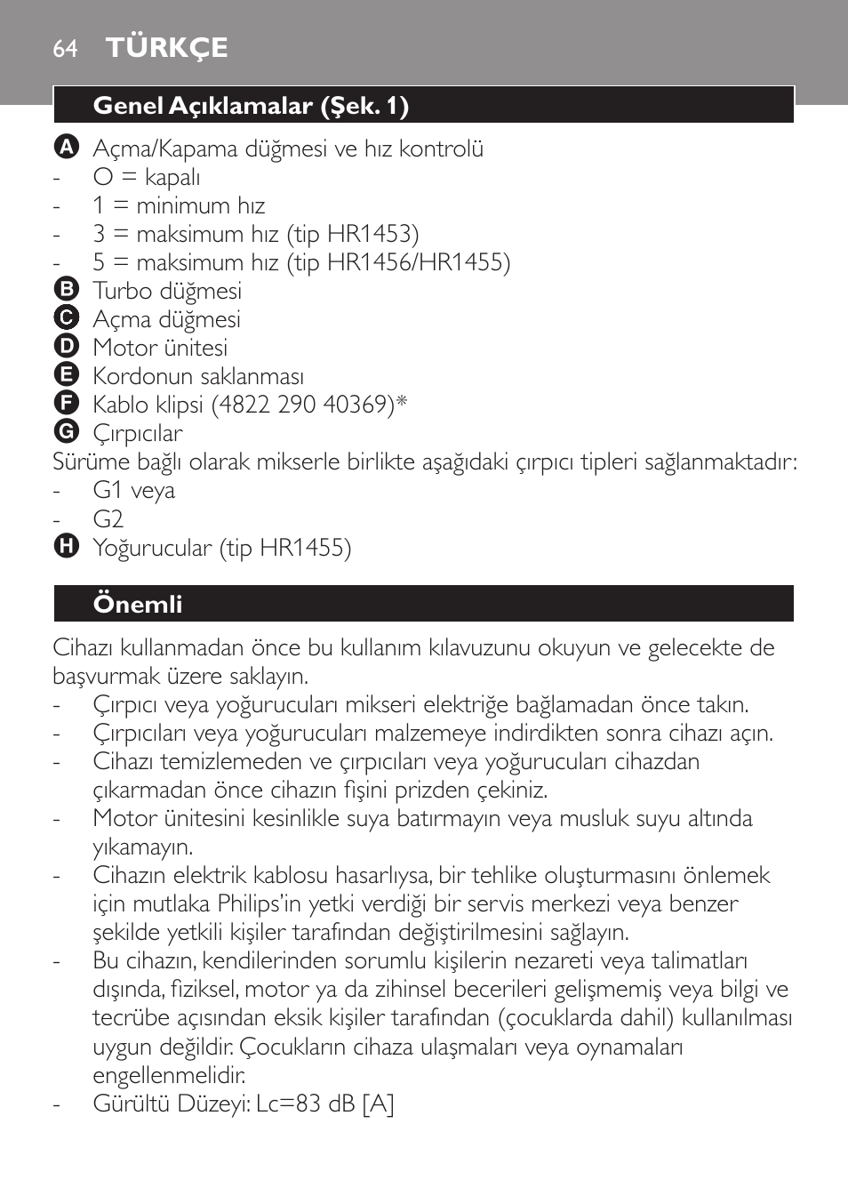 Türkçe, Genel açıklamalar (şek. 1), Önemli | Philips Daily Collection Batteur User Manual | Page 64 / 72