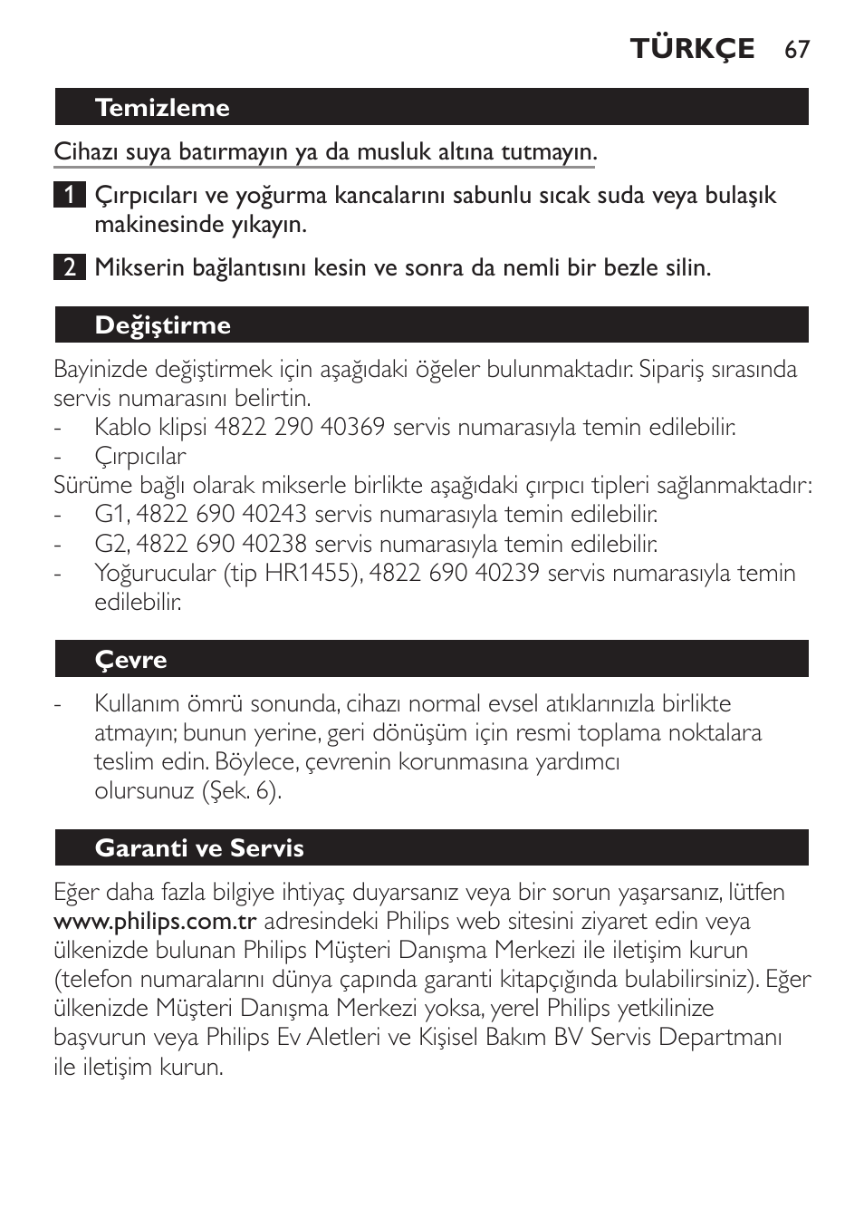 Değiştirme, Çevre, Garanti ve servis | Philips Daily Collection Batteur User Manual | Page 67 / 72