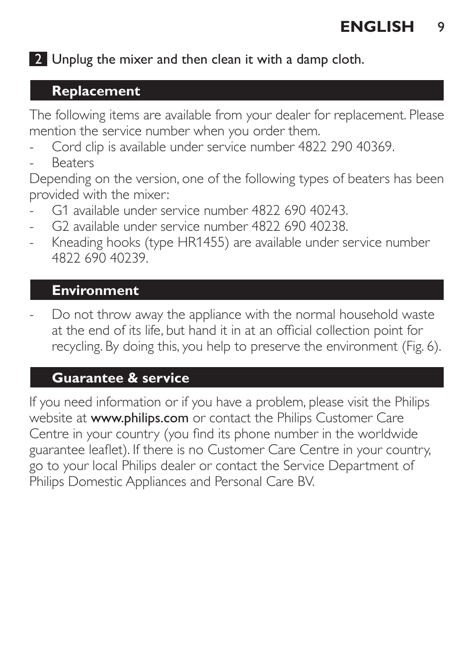 Replacement, Environment, Guarantee & service | Philips Daily Collection Batteur User Manual | Page 9 / 72