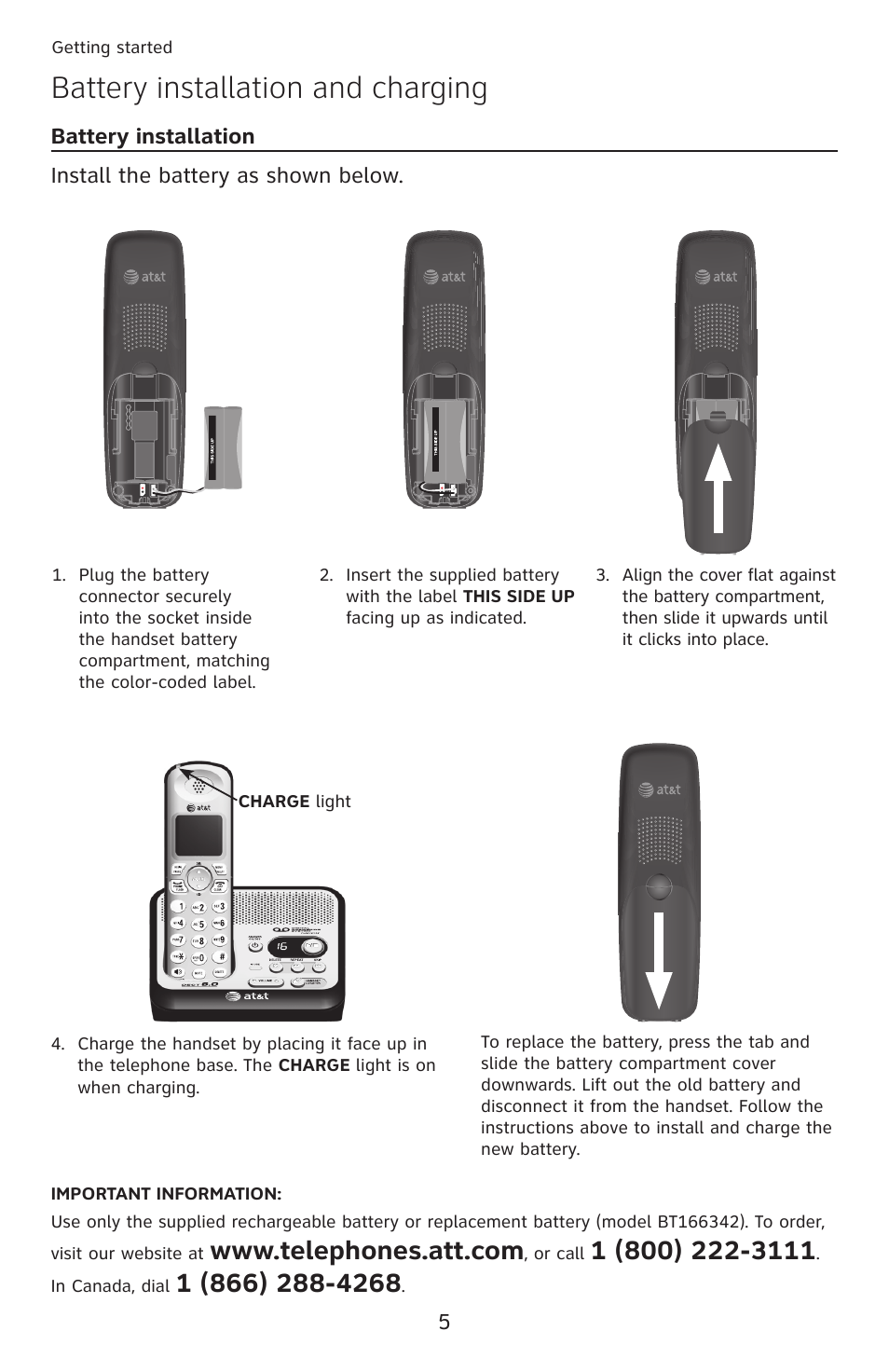 Battery installation and charging | AT&T DECT 6.0 EL52100 User Manual | Page 10 / 80