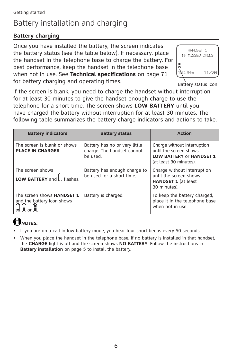 Battery installation and charging | AT&T DECT 6.0 EL52100 User Manual | Page 11 / 80