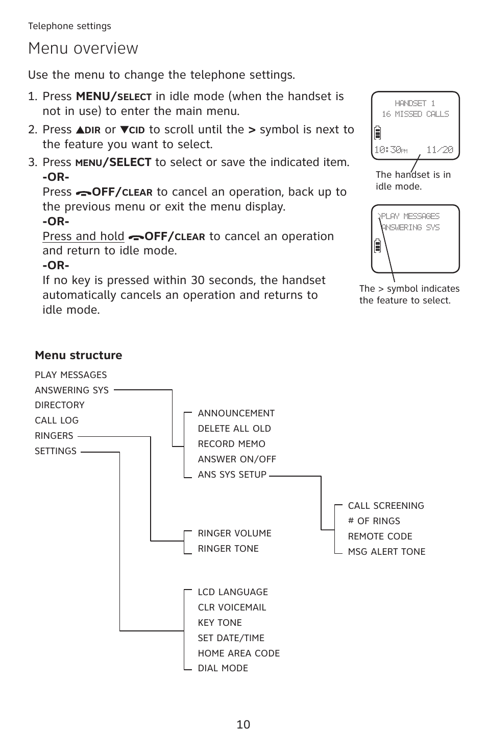 Menu overview | AT&T DECT 6.0 EL52100 User Manual | Page 15 / 80