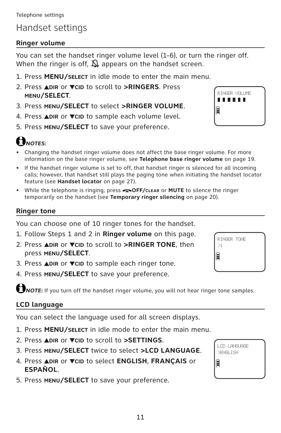 Handset settings | AT&T DECT 6.0 EL52100 User Manual | Page 16 / 80