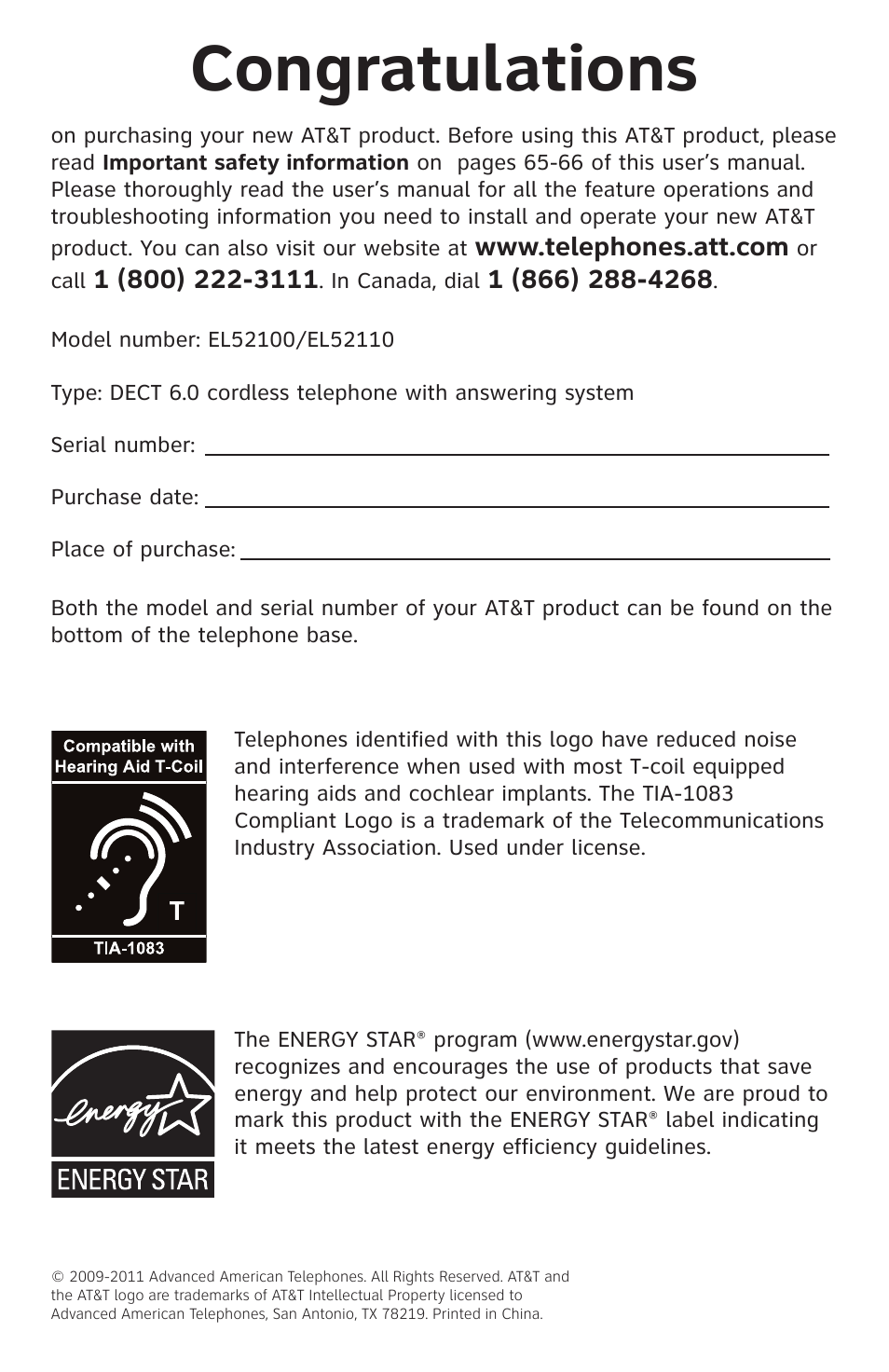 AT&T DECT 6.0 EL52100 User Manual | Page 2 / 80