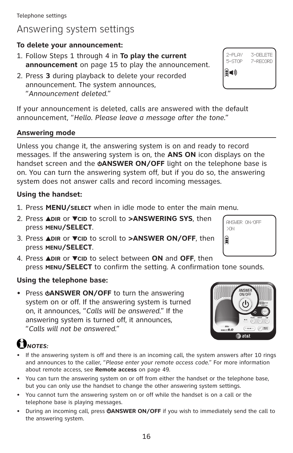 Answering system settings | AT&T DECT 6.0 EL52100 User Manual | Page 21 / 80