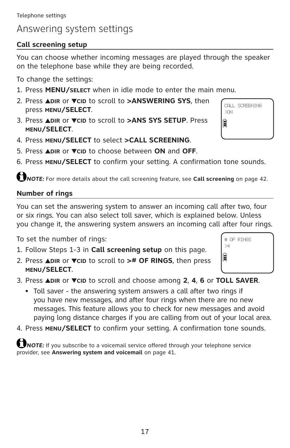 Answering system settings | AT&T DECT 6.0 EL52100 User Manual | Page 22 / 80