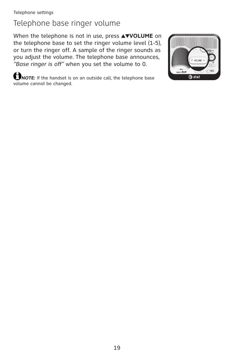 Telephone base ringer volume | AT&T DECT 6.0 EL52100 User Manual | Page 24 / 80