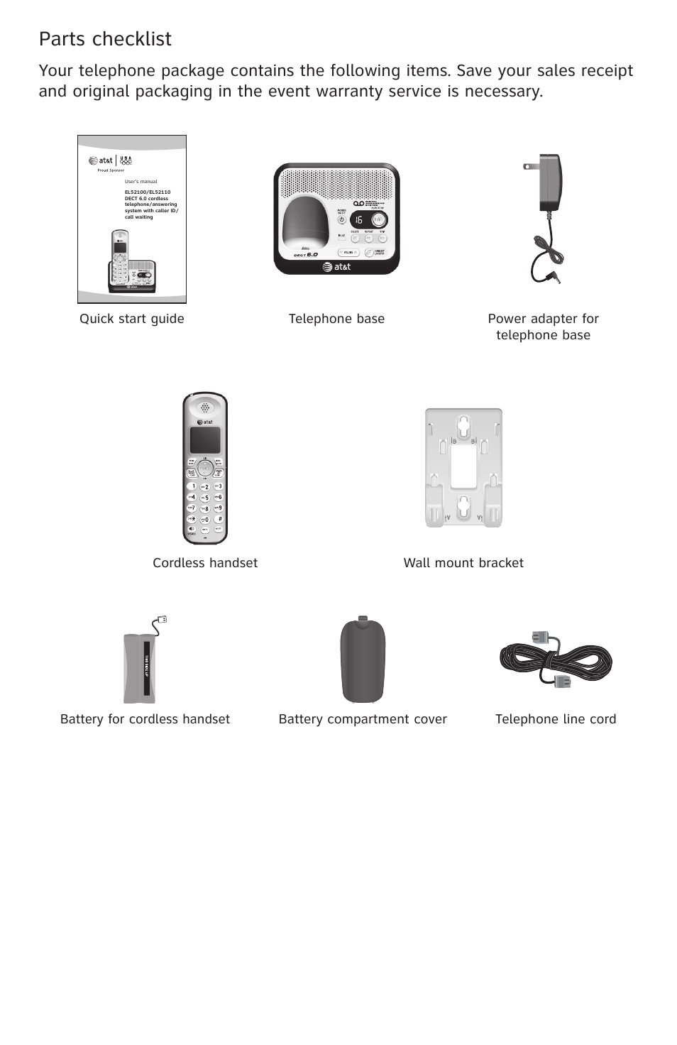 Parts checklist | AT&T DECT 6.0 EL52100 User Manual | Page 3 / 80