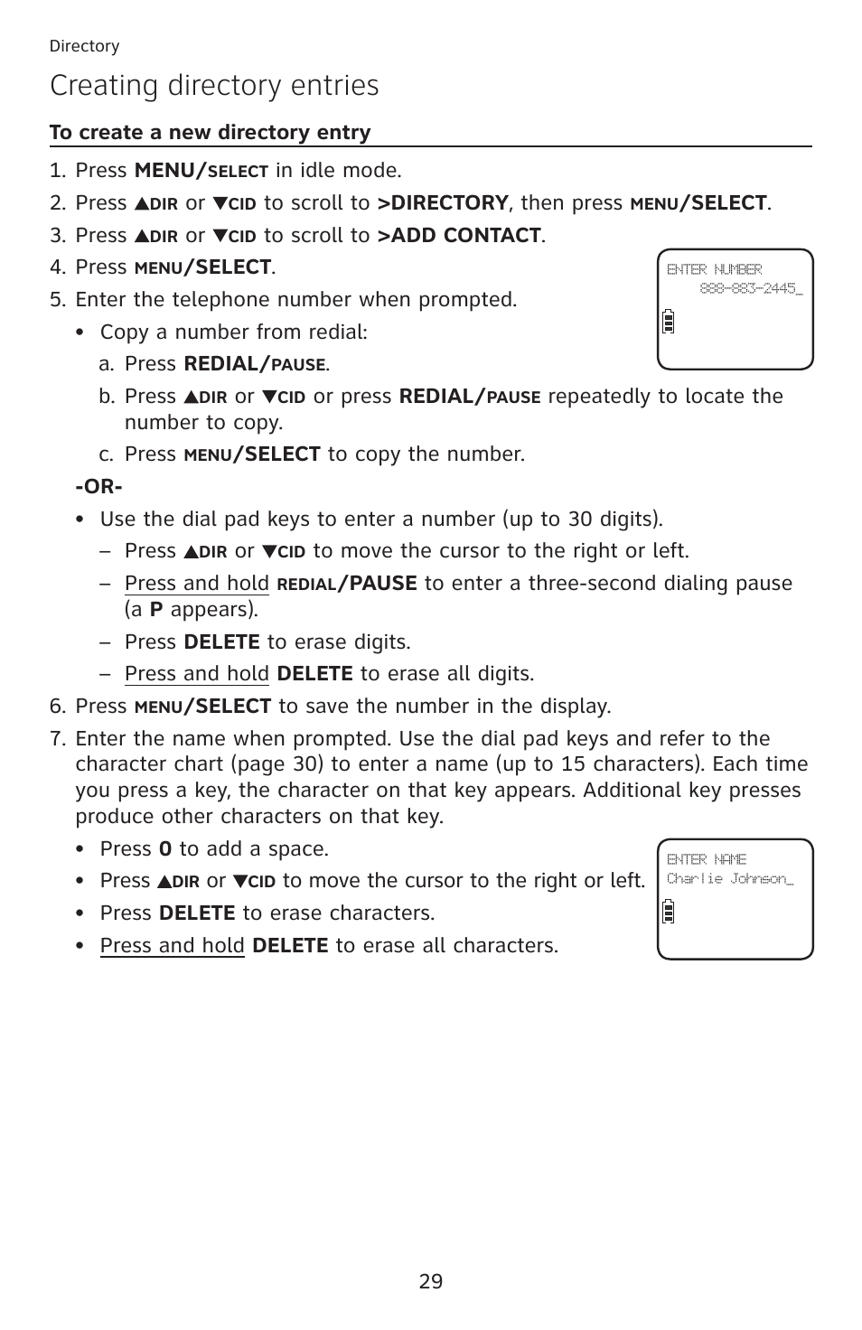 Creating directory entries | AT&T DECT 6.0 EL52100 User Manual | Page 34 / 80