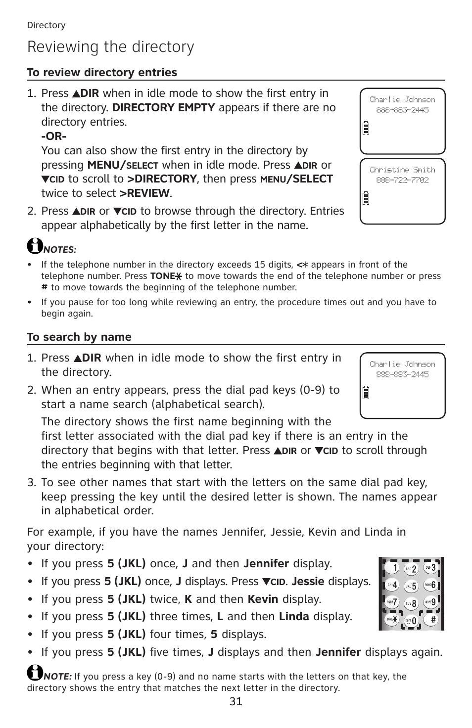 Reviewing the directory | AT&T DECT 6.0 EL52100 User Manual | Page 36 / 80