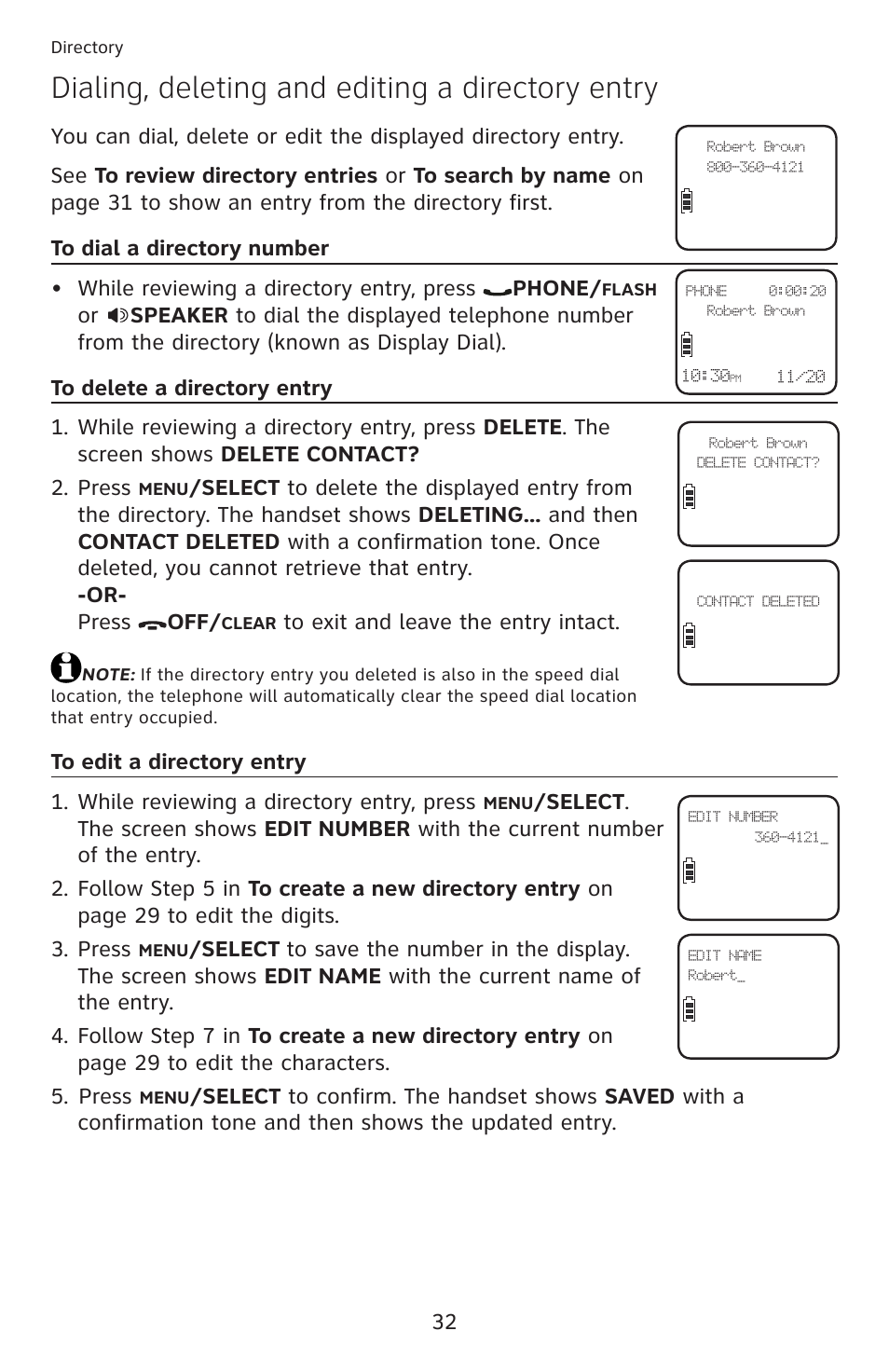 Dialing, deleting and editing a directory entry | AT&T DECT 6.0 EL52100 User Manual | Page 37 / 80