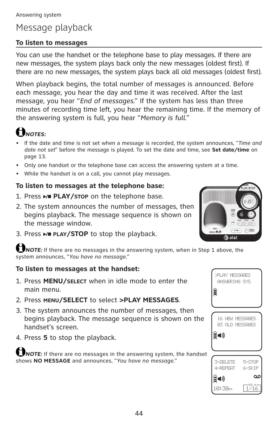 Message playback, Stop to stop the playback, When in idle mode to enter the main menu. press | AT&T DECT 6.0 EL52100 User Manual | Page 49 / 80
