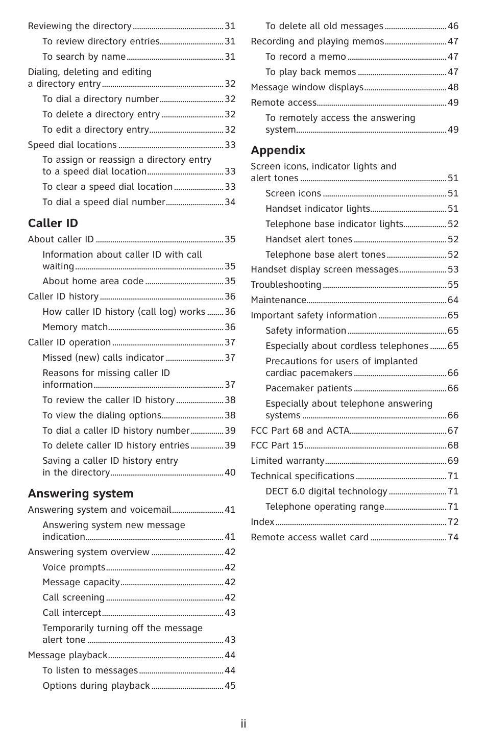 Caller id, Answering system, Appendix | AT&T DECT 6.0 EL52100 User Manual | Page 5 / 80