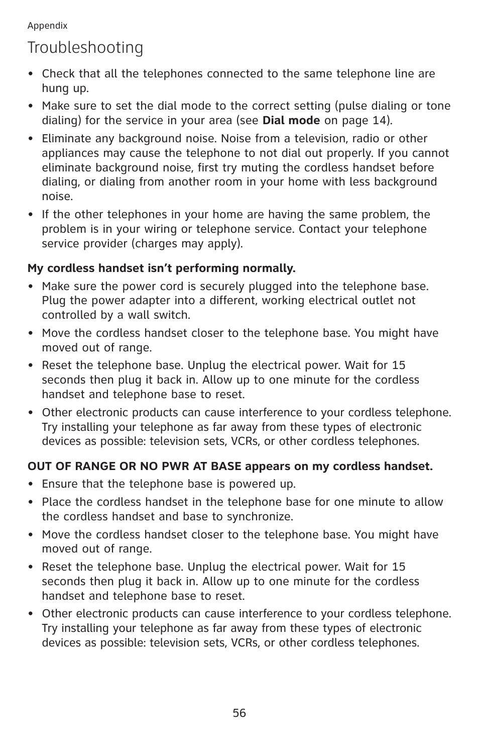 Troubleshooting | AT&T DECT 6.0 EL52100 User Manual | Page 61 / 80
