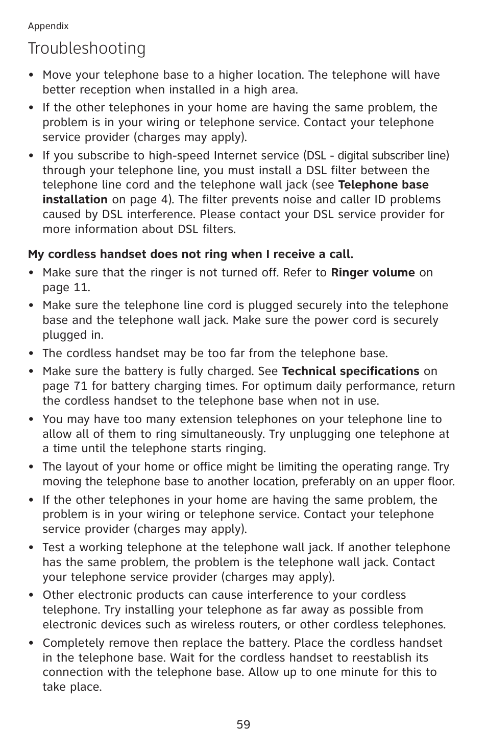 Troubleshooting | AT&T DECT 6.0 EL52100 User Manual | Page 64 / 80