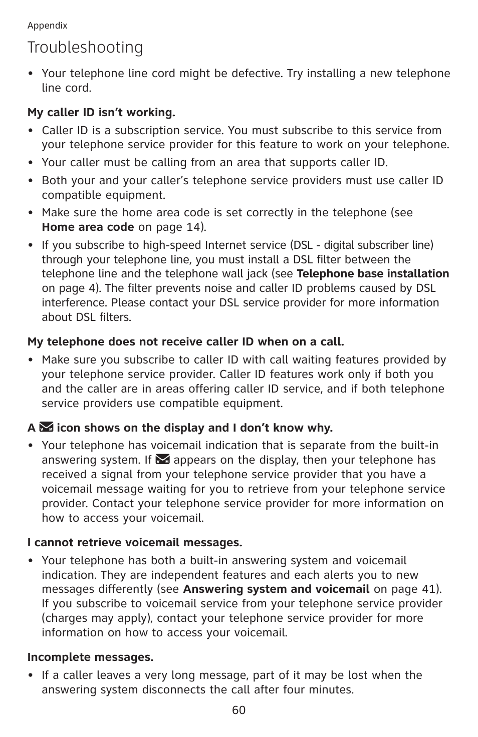 Troubleshooting | AT&T DECT 6.0 EL52100 User Manual | Page 65 / 80