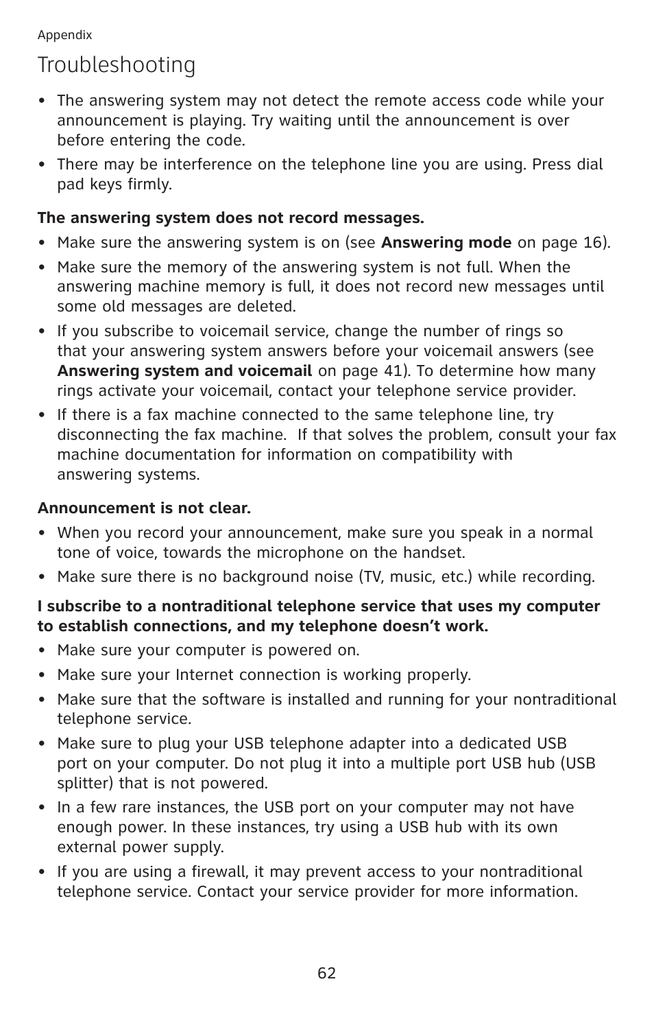 Troubleshooting | AT&T DECT 6.0 EL52100 User Manual | Page 67 / 80