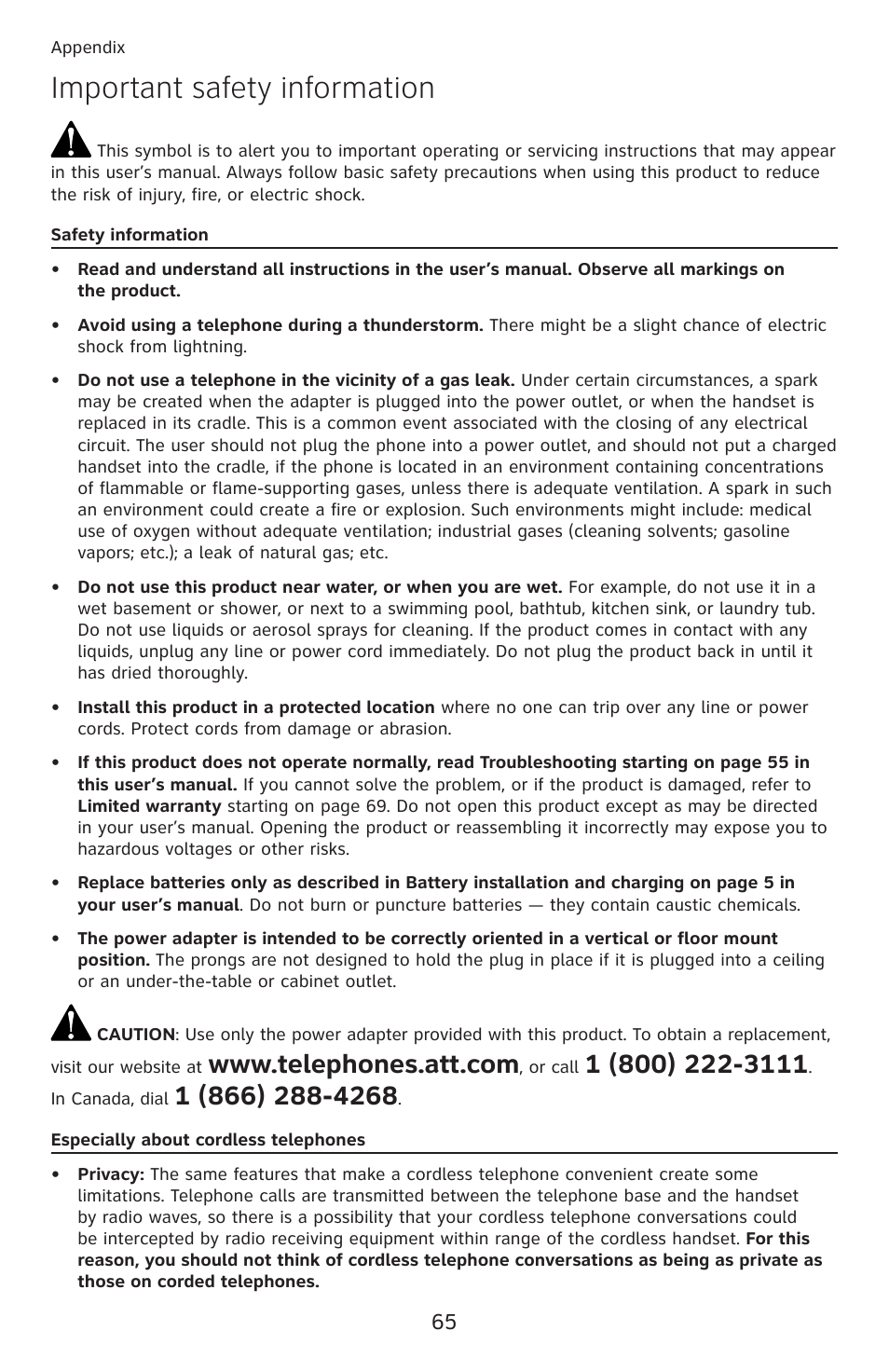 Important safety information | AT&T DECT 6.0 EL52100 User Manual | Page 70 / 80