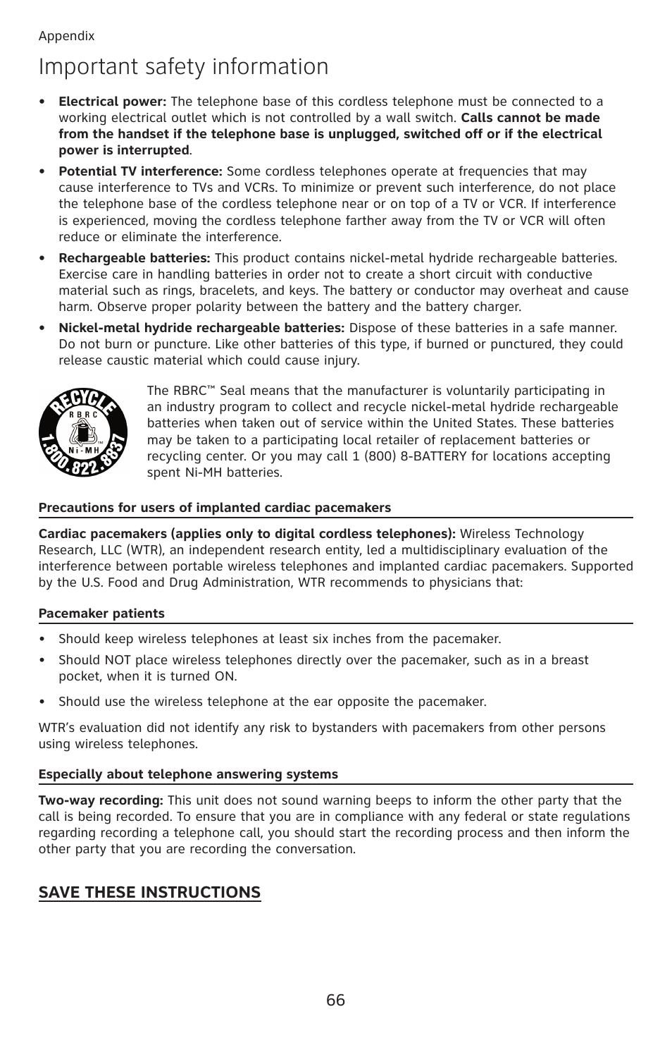 Important safety information, Save these instructions | AT&T DECT 6.0 EL52100 User Manual | Page 71 / 80