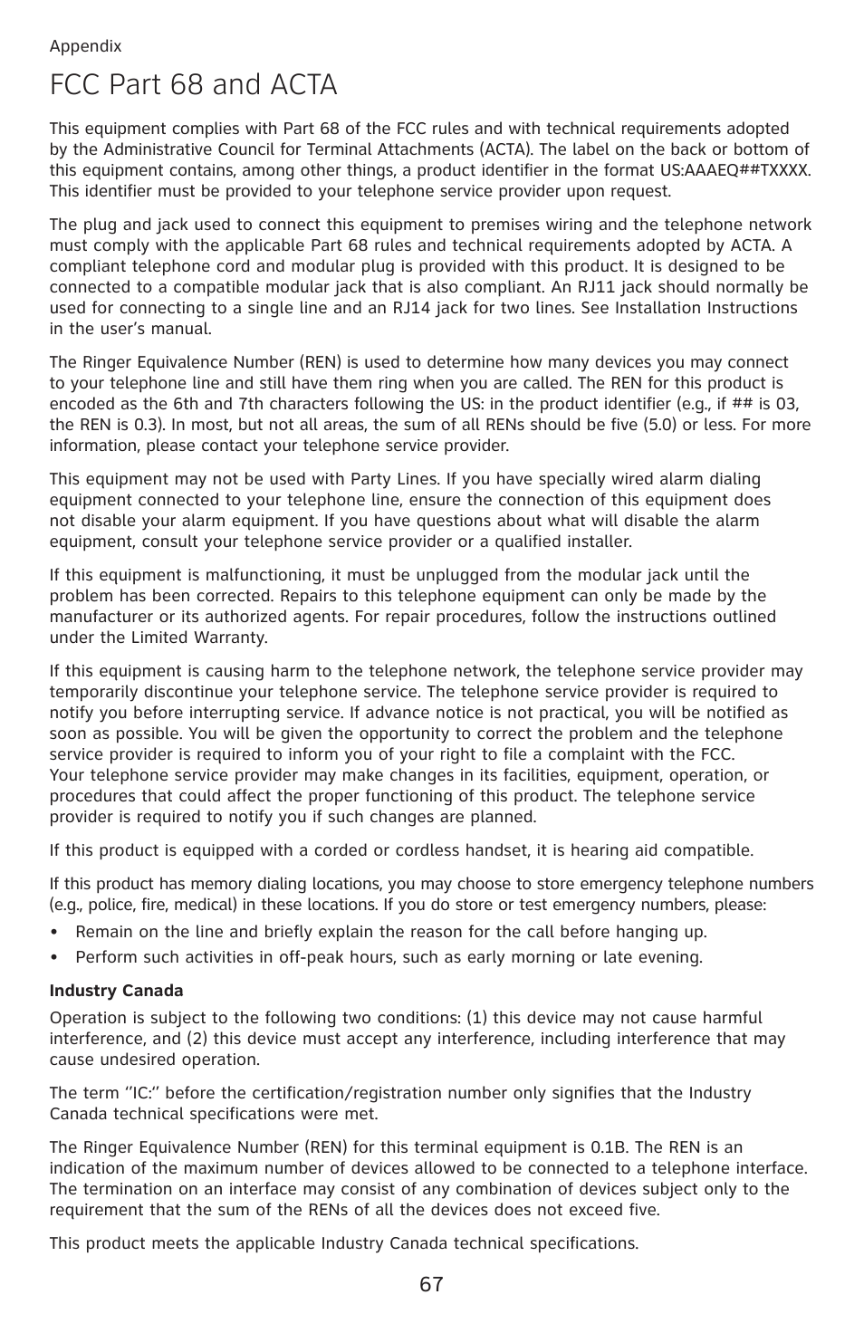 Fcc part 68 and acta | AT&T DECT 6.0 EL52100 User Manual | Page 72 / 80