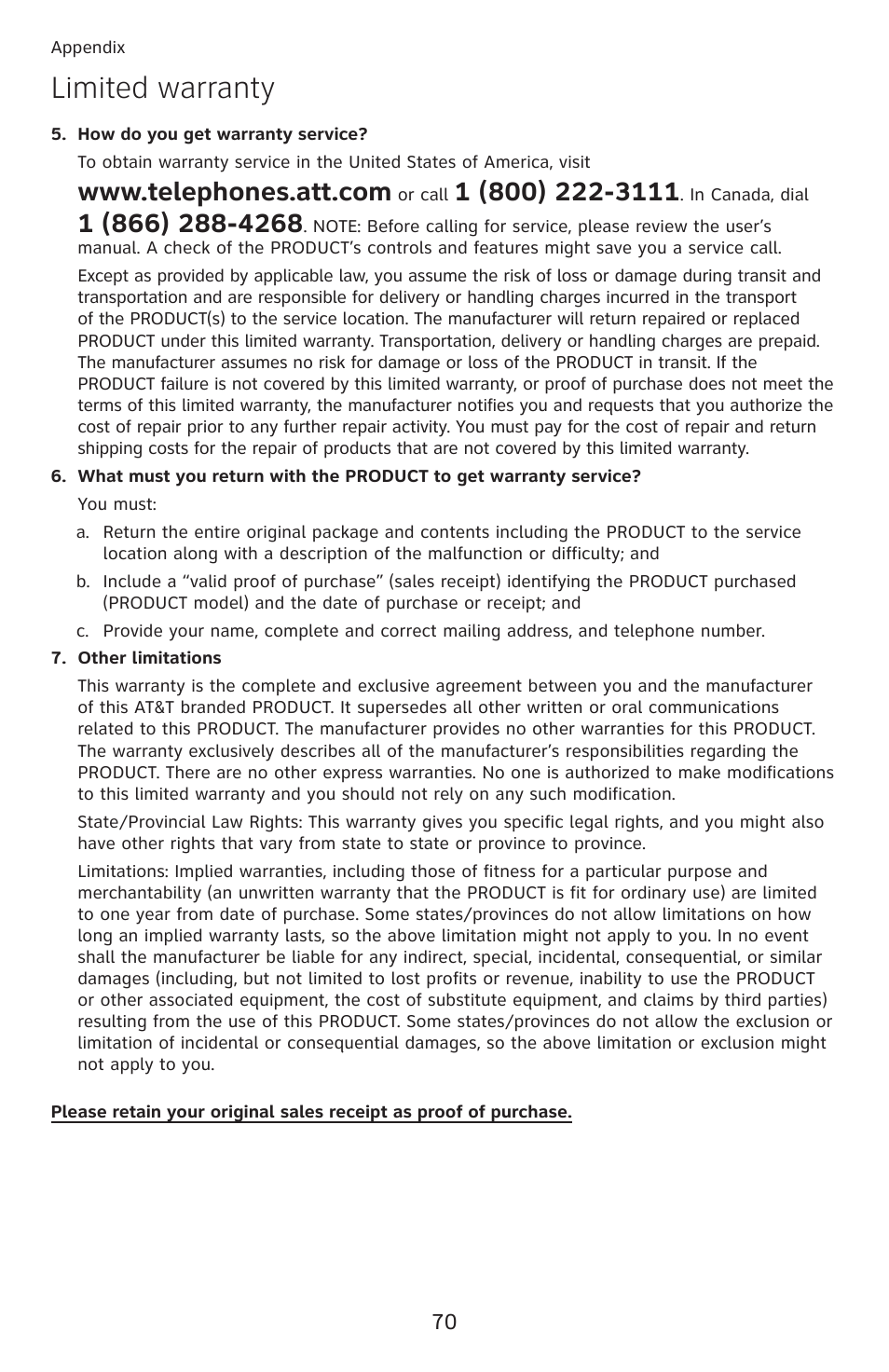 Limited warranty | AT&T DECT 6.0 EL52100 User Manual | Page 75 / 80