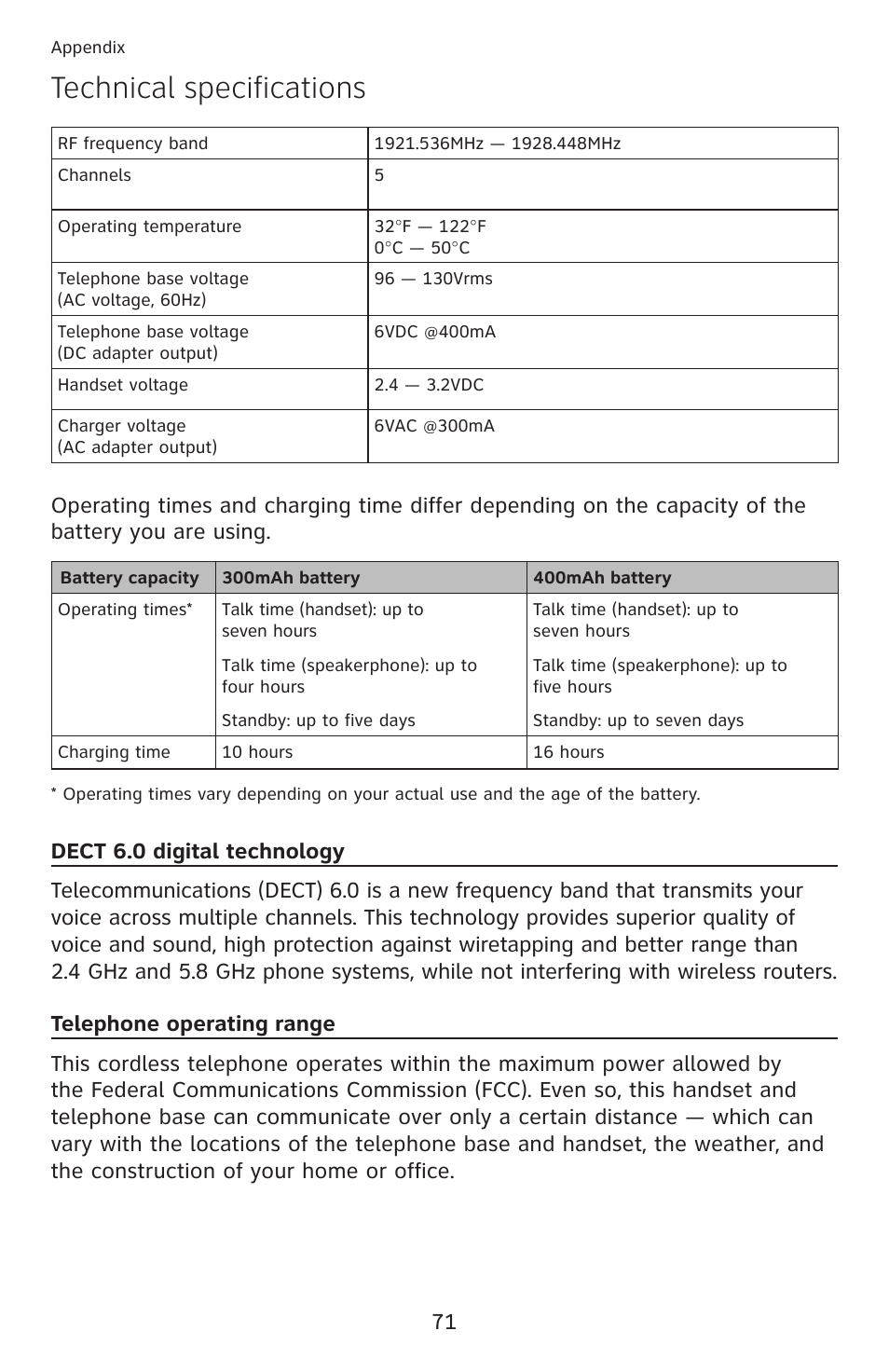Technical specifications | AT&T DECT 6.0 EL52100 User Manual | Page 76 / 80