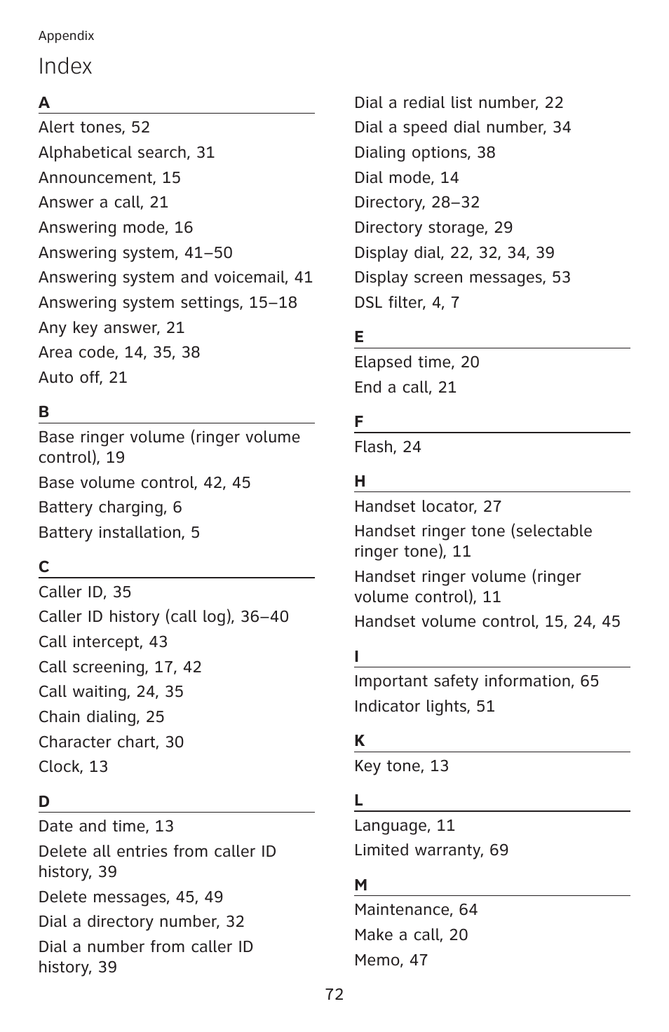 Index | AT&T DECT 6.0 EL52100 User Manual | Page 77 / 80