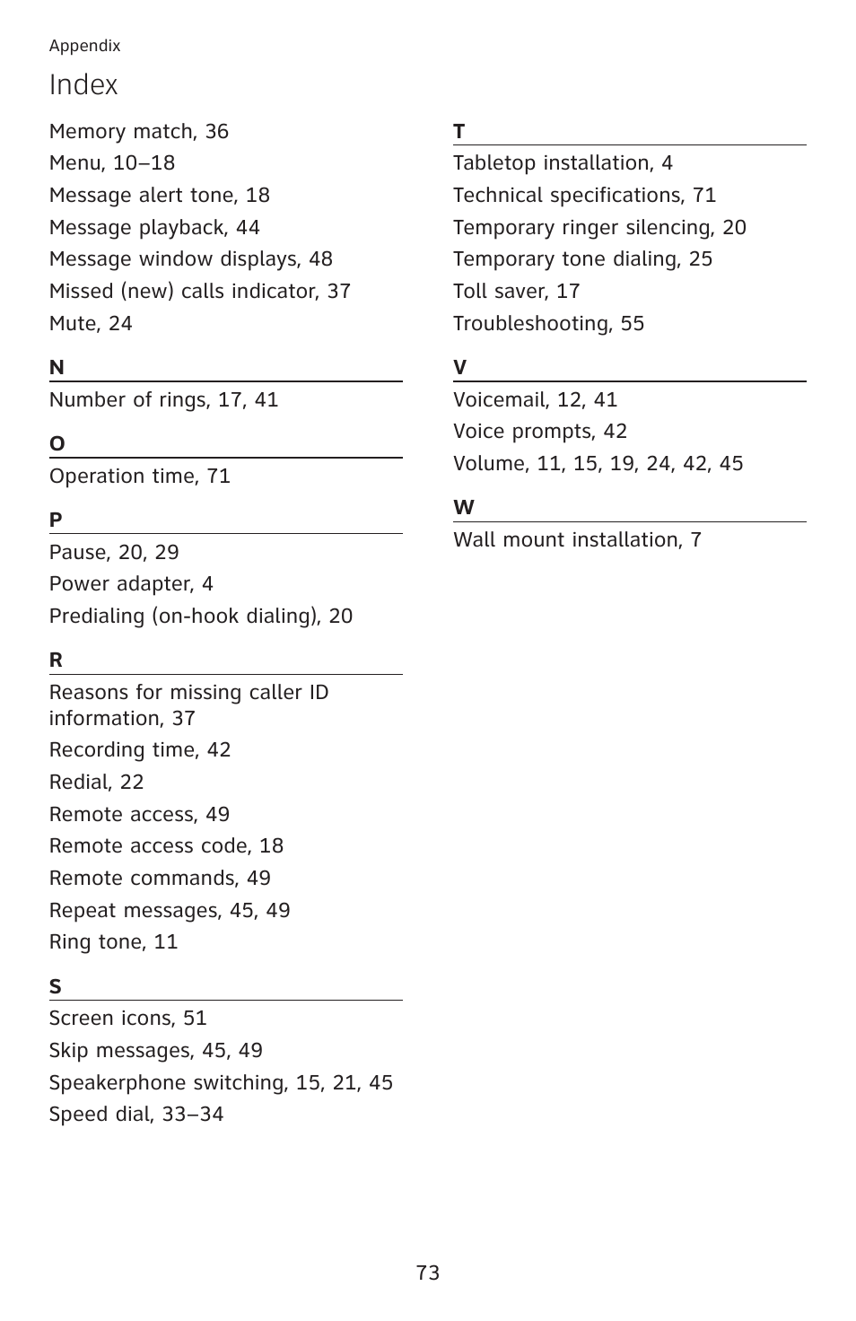 Index | AT&T DECT 6.0 EL52100 User Manual | Page 78 / 80