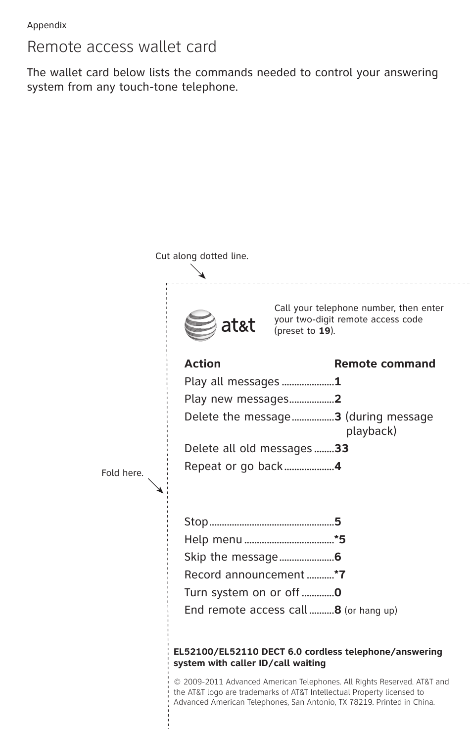 Remote access wallet card | AT&T DECT 6.0 EL52100 User Manual | Page 79 / 80