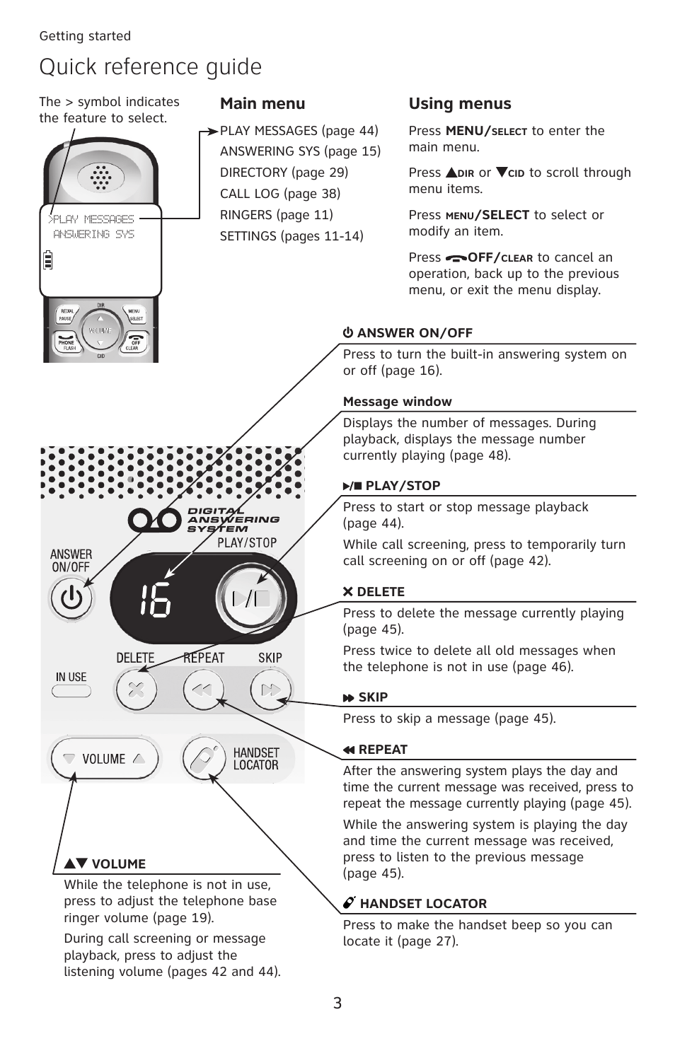 Quick reference guide, Using menus, Main menu | AT&T DECT 6.0 EL52100 User Manual | Page 8 / 80