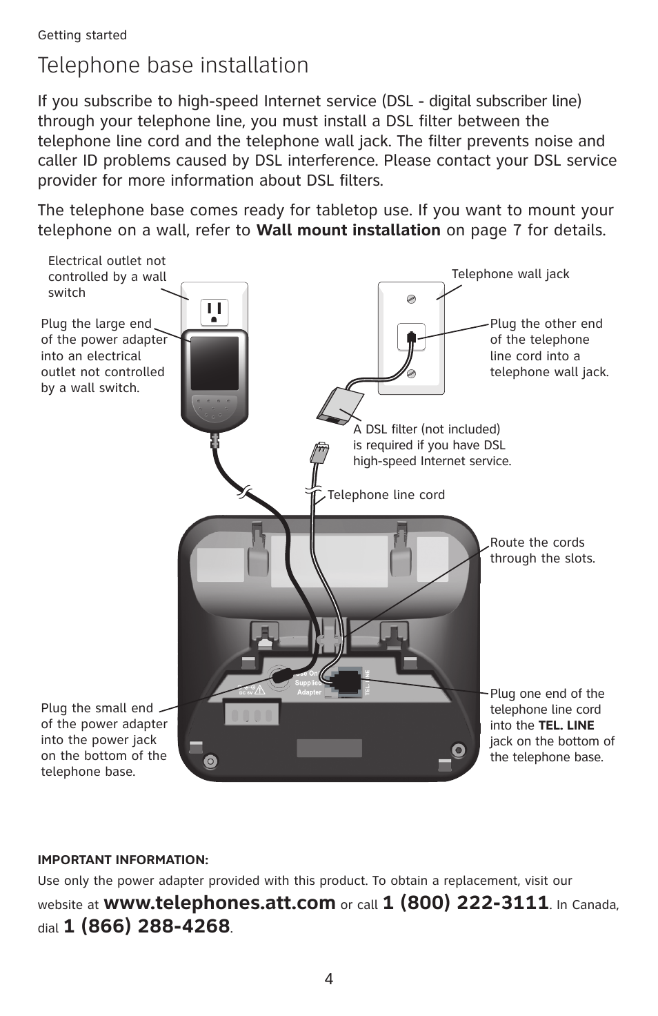 Telephone base installation | AT&T DECT 6.0 EL52100 User Manual | Page 9 / 80