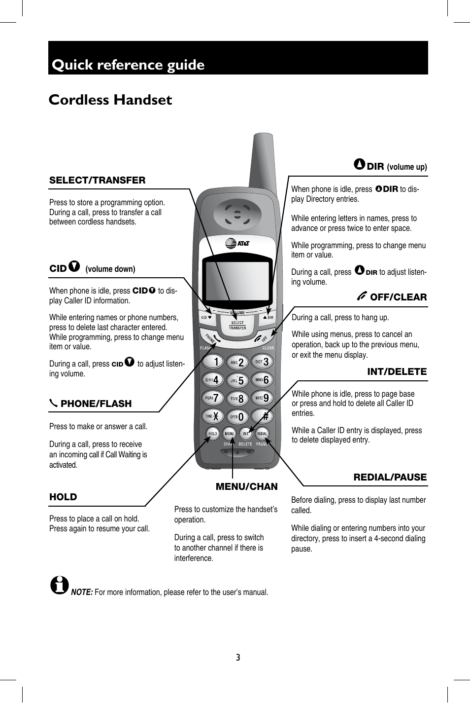 Quick reference guide, Cordless handset | AT&T E5909B User Manual | Page 3 / 4