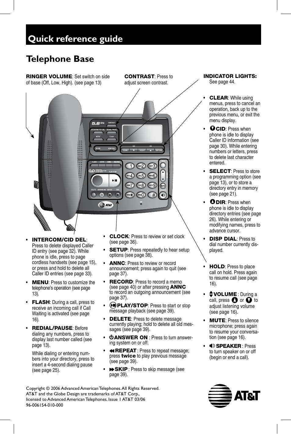 Quick reference guide telephone base | AT&T E5909B User Manual | Page 4 / 4
