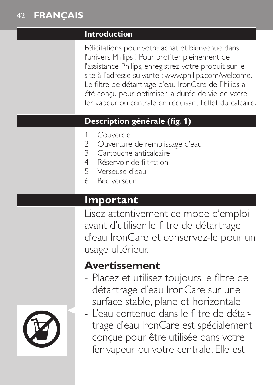 Français | Philips IronCare Filtre anticalcaire pour le repassage User Manual | Page 42 / 86