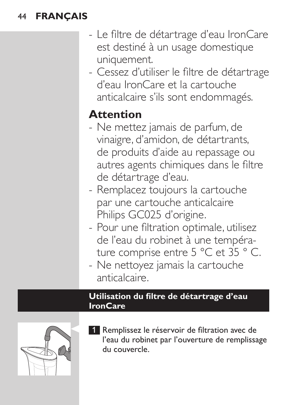 Philips IronCare Filtre anticalcaire pour le repassage User Manual | Page 44 / 86