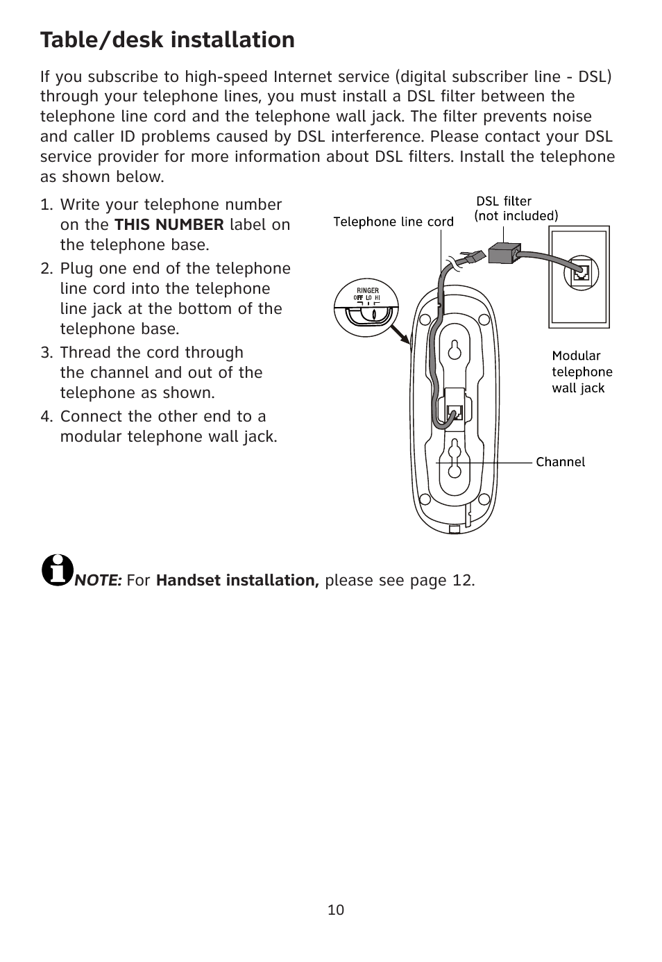 Table/desk installation | AT&T 205 User Manual | Page 12 / 18